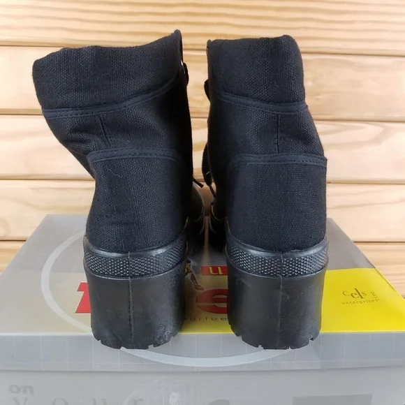 Black Canvas Combat Military Biker Moto Ankle Boots Lace up Women's 6.5M Heeled - Picture 3 of 10